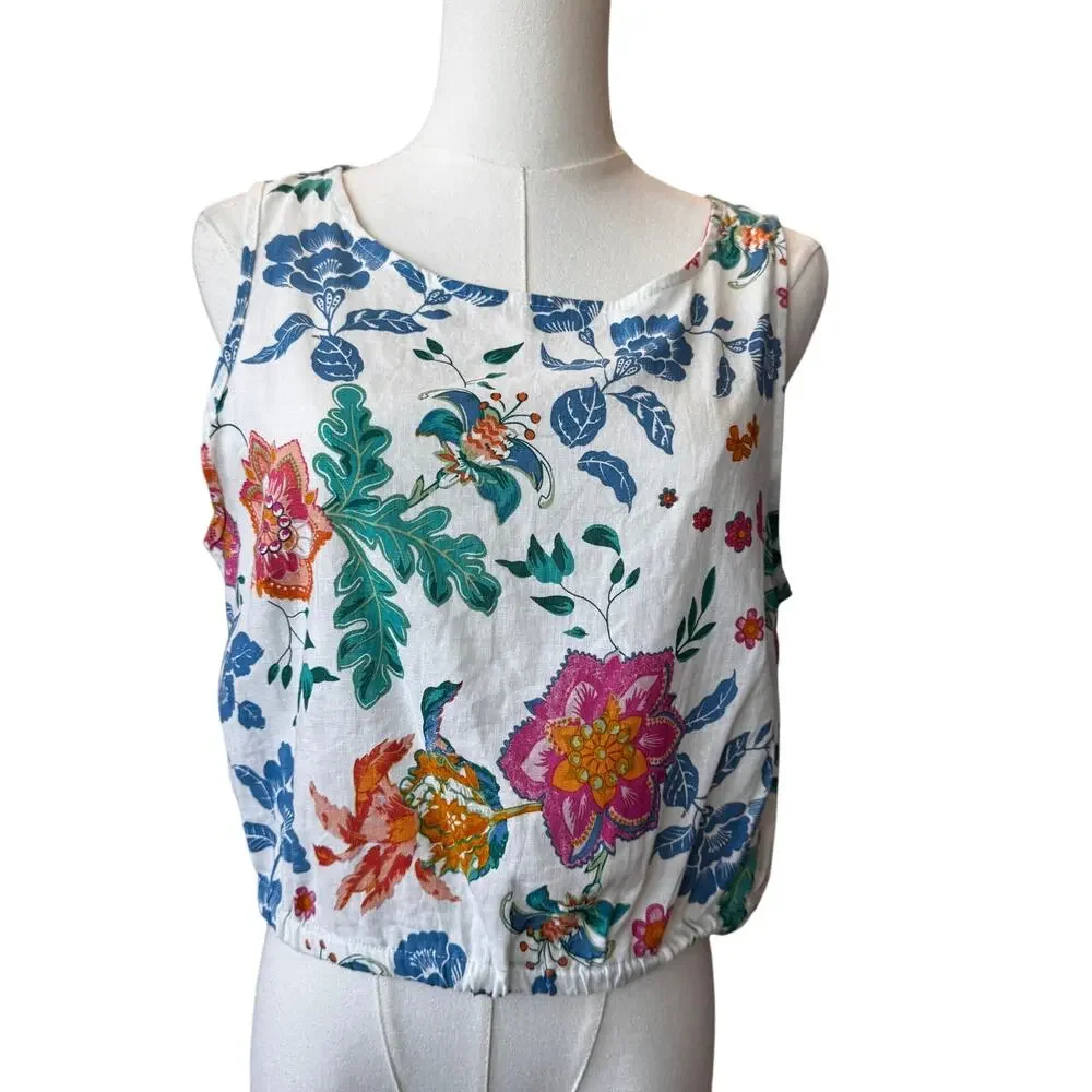 New Rachel Zoe Linen Floral Round Neckline Tank Top Size M